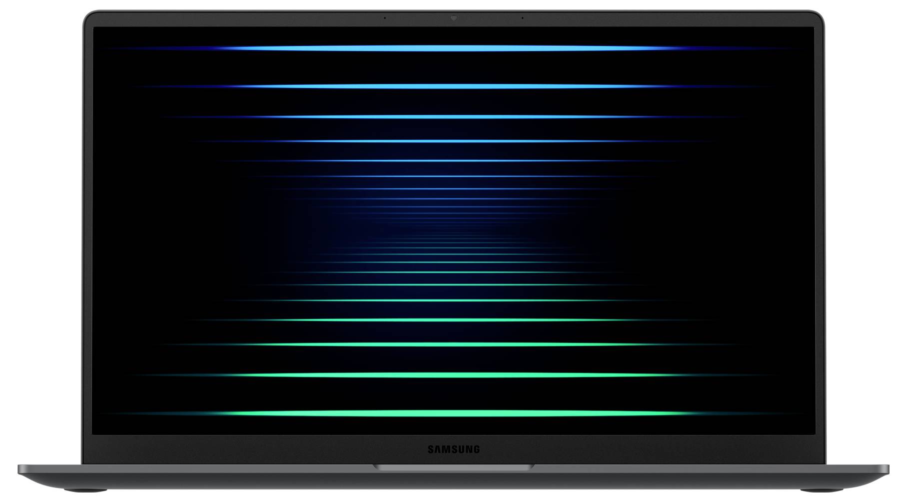 Un ordinateur portable Samsung doté d'un motif lumineux bleu et vert sur son écran, créant un effet de tunnel futuriste.