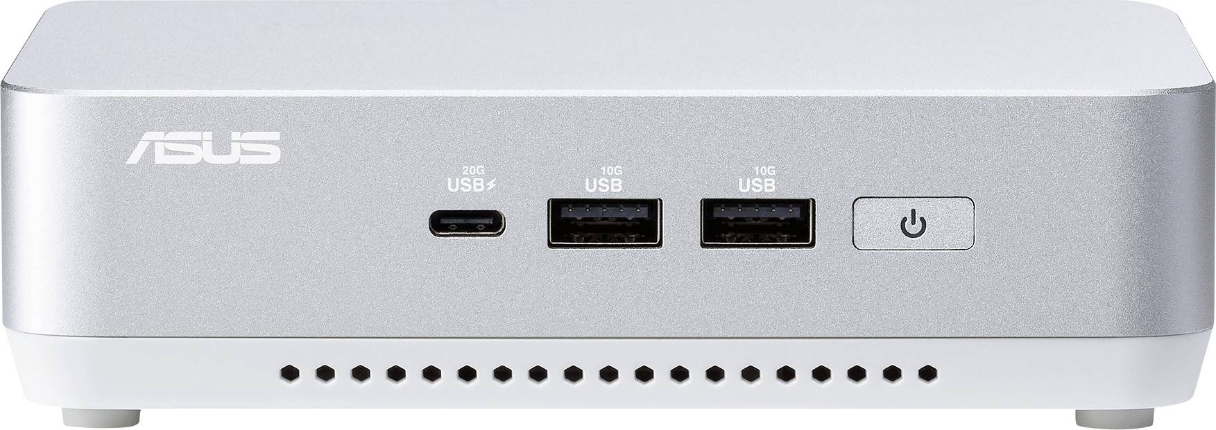 Un mini PC Asus argenté avec trois ports USB et un bouton d'alimentation sur le panneau avant.