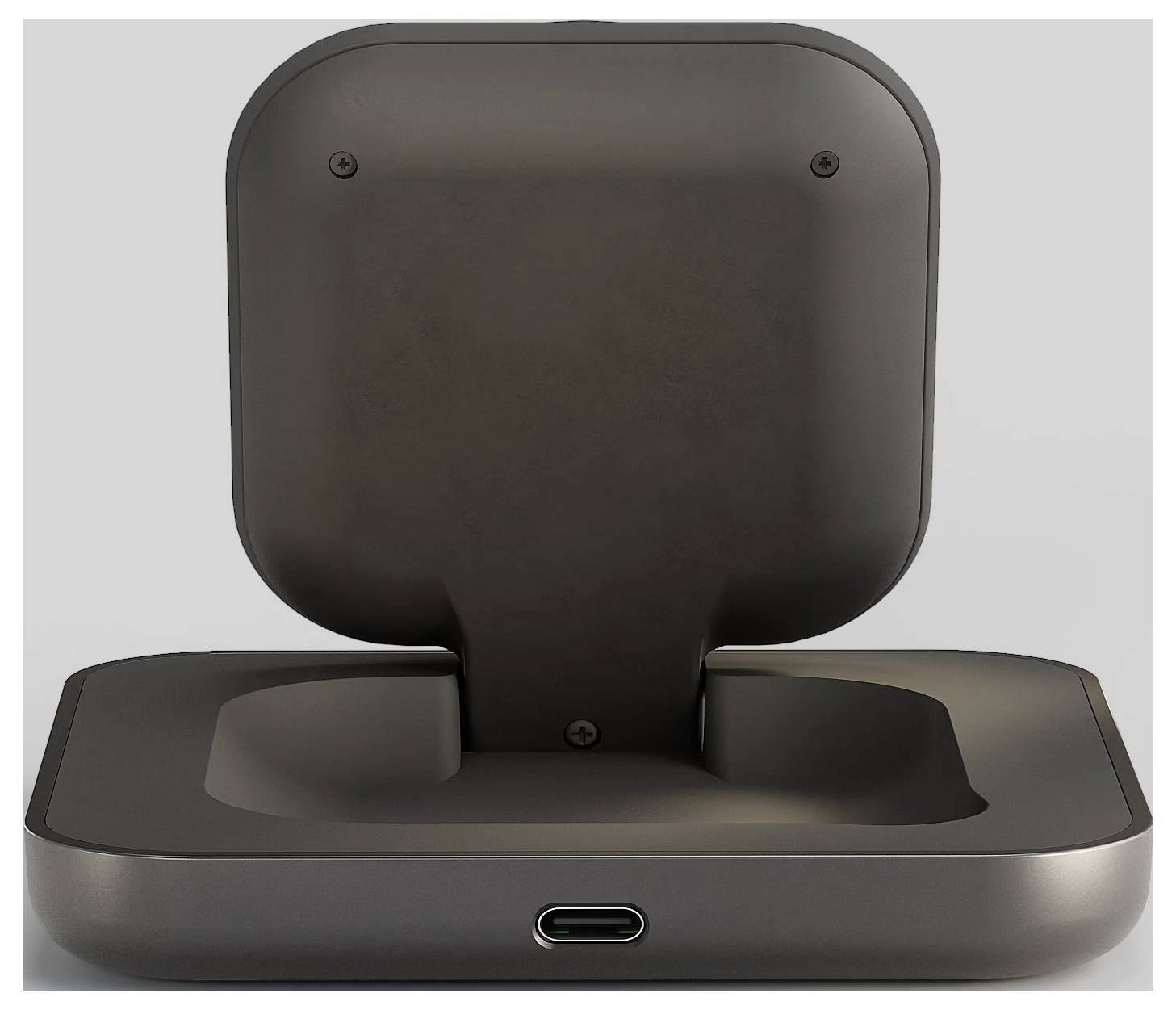 Un boîtier de chargement ouvert avec un port USB-C, conçu pour stocker et charger des écouteurs sans fil.