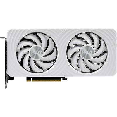 Une carte graphique blanche avec deux ventilateurs de refroidissement, portant l'étiquette « PALIT », conçue pour des performances de jeu et visuelles améliorées, avec un connecteur PCIe visible.