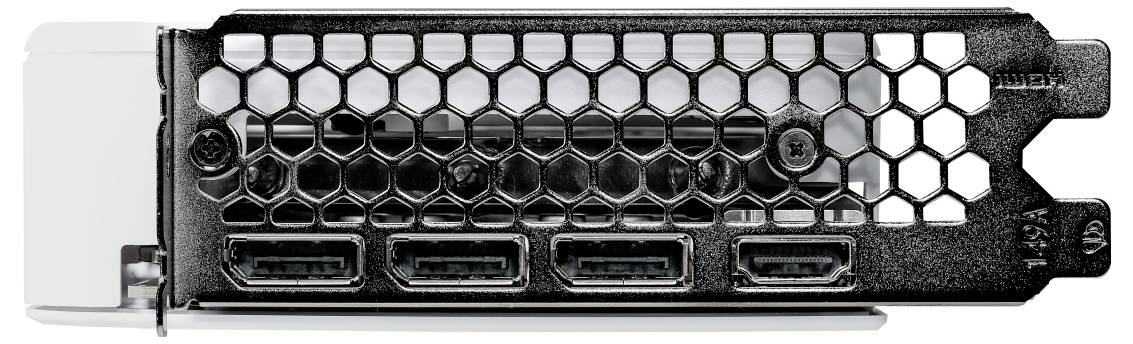 Vue arrière d'une carte graphique montrant quatre connecteurs DisplayPort et un design de ventilation en nid d'abeille.