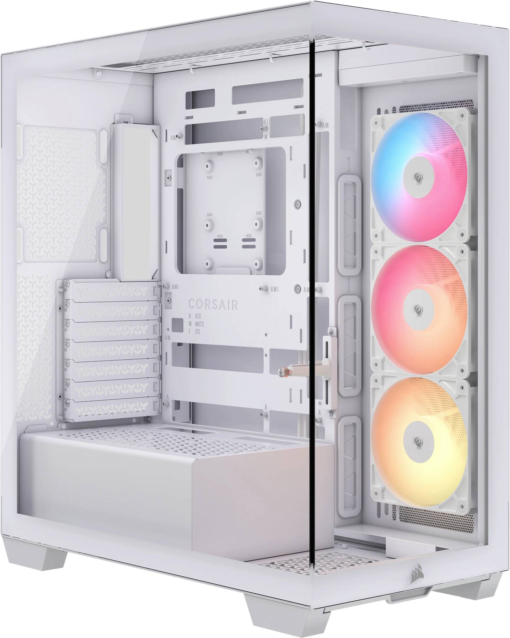 Un boîtier PC blanc ouvert avec trois ventilateurs à LED arc-en-ciel sur le panneau avant, offrant de l'espace pour les composants et présentant un design moderne.