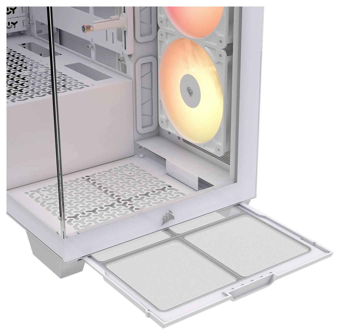Un boîtier d'ordinateur blanc avec des ventilateurs latéraux et un panneau en verre trempé. Un filtre anti-poussière à l'avant est visible, indiquant une concentration sur la circulation de l'air.