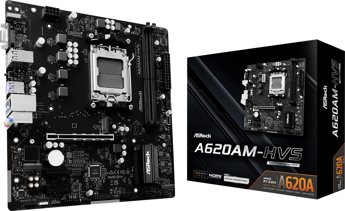 Carte mère ASRock A620M-HVS et son emballage. Les caractéristiques mentionnent la prise en charge des processeurs AMD Ryzen, PCI Express 4.0 et HDMI.