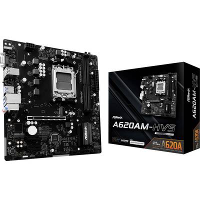 Carte mère ASRock A620M-HVS et son emballage. Les caractéristiques mentionnent la prise en charge des processeurs AMD Ryzen, PCI Express 4.0 et HDMI.