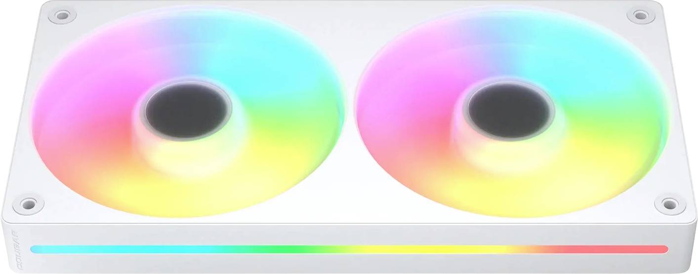 Un dispositif de refroidissement rectangulaire blanc avec deux ventilateurs circulaires équipés de LED RVB, chacun affichant un spectre de couleurs, sur un fond simple.