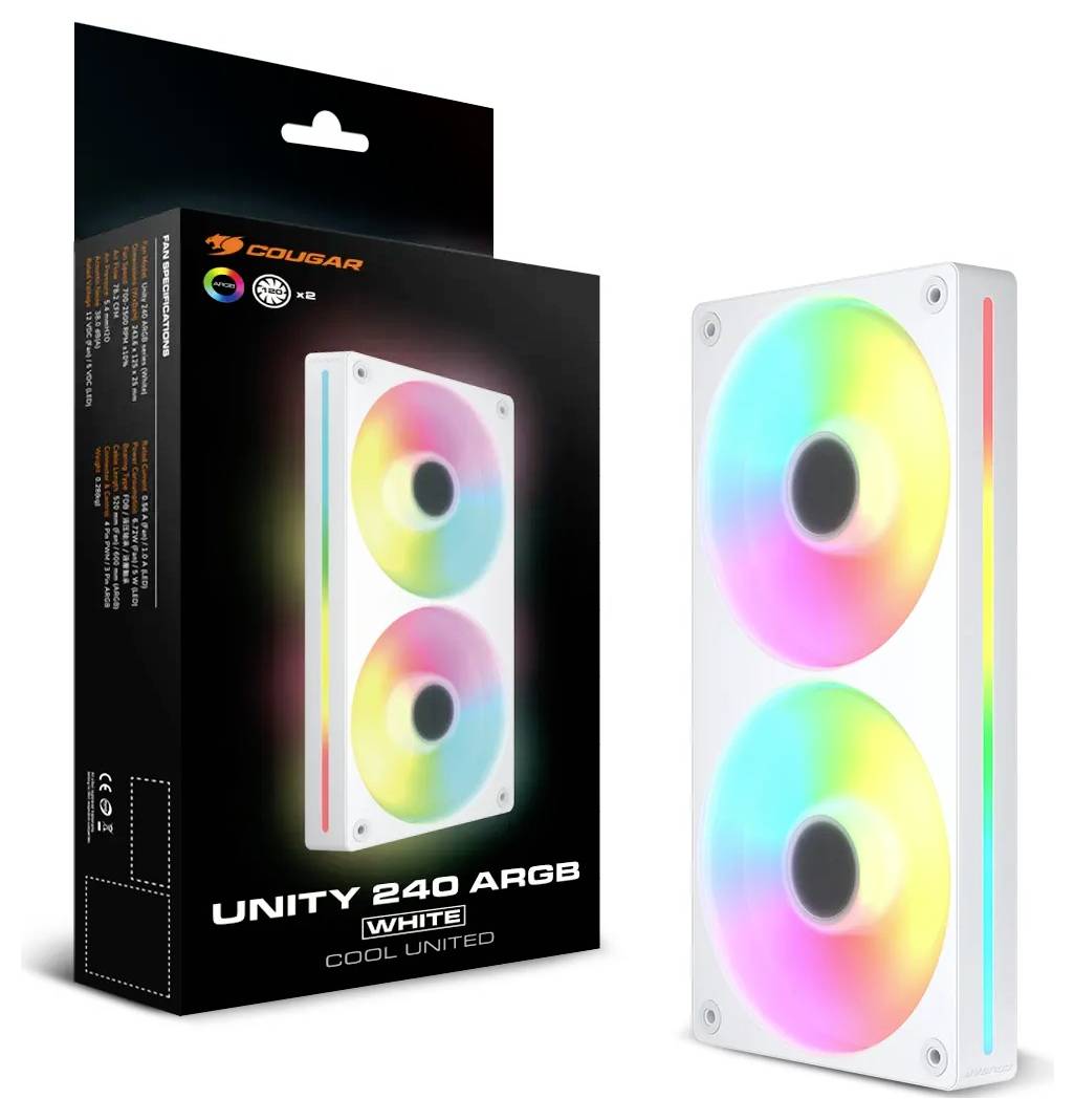 Boîte et produit de ventilateur de refroidissement COUGAR Unity 240 ARGB, Blanc. Deux ventilateurs à éclairage RVB ; pour le refroidissement et les configurations de PC esthétiques.