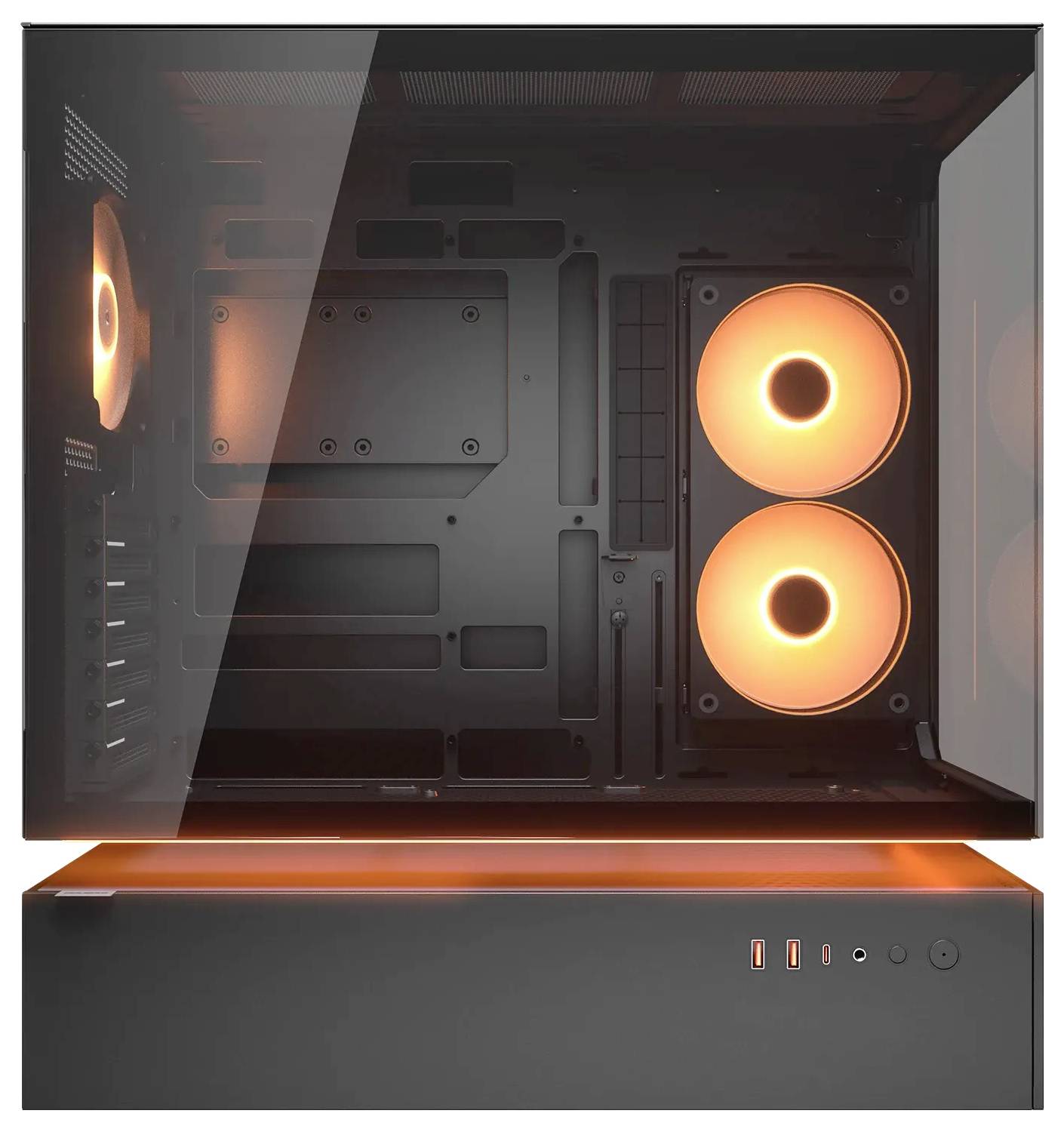 Un boîtier d'ordinateur sombre est éclairé par deux ventilateurs circulaires aux tons orangés à l'intérieur, avec un panneau latéral partiellement ouvert, dévoilant la configuration intérieure.