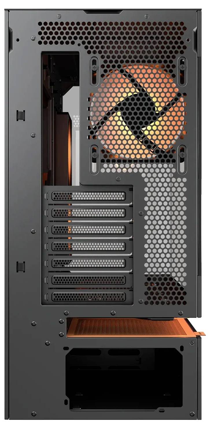 L'arrière d'un boîtier d'ordinateur noir avec un seul ventilateur, des emplacements d'extension et une ouverture d'alimentation électrique, mettant en valeur sa ventilation et sa disposition.