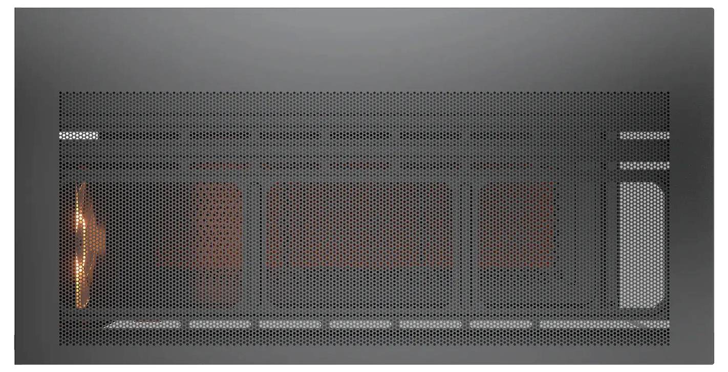 Un four micro-ondes noir moderne à la porte fermée, affichant une faible lumière orangée à l'intérieur, indiquant qu'il est actuellement en marche.