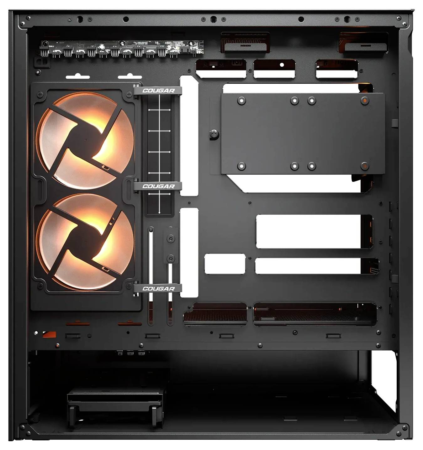 Boîtier de tour d'ordinateur ouvert avec des ventilateurs éclairés en orange, des baies de lecteurs et des fonctionnalités de gestion des câbles, offrant de l'espace pour les composants internes.