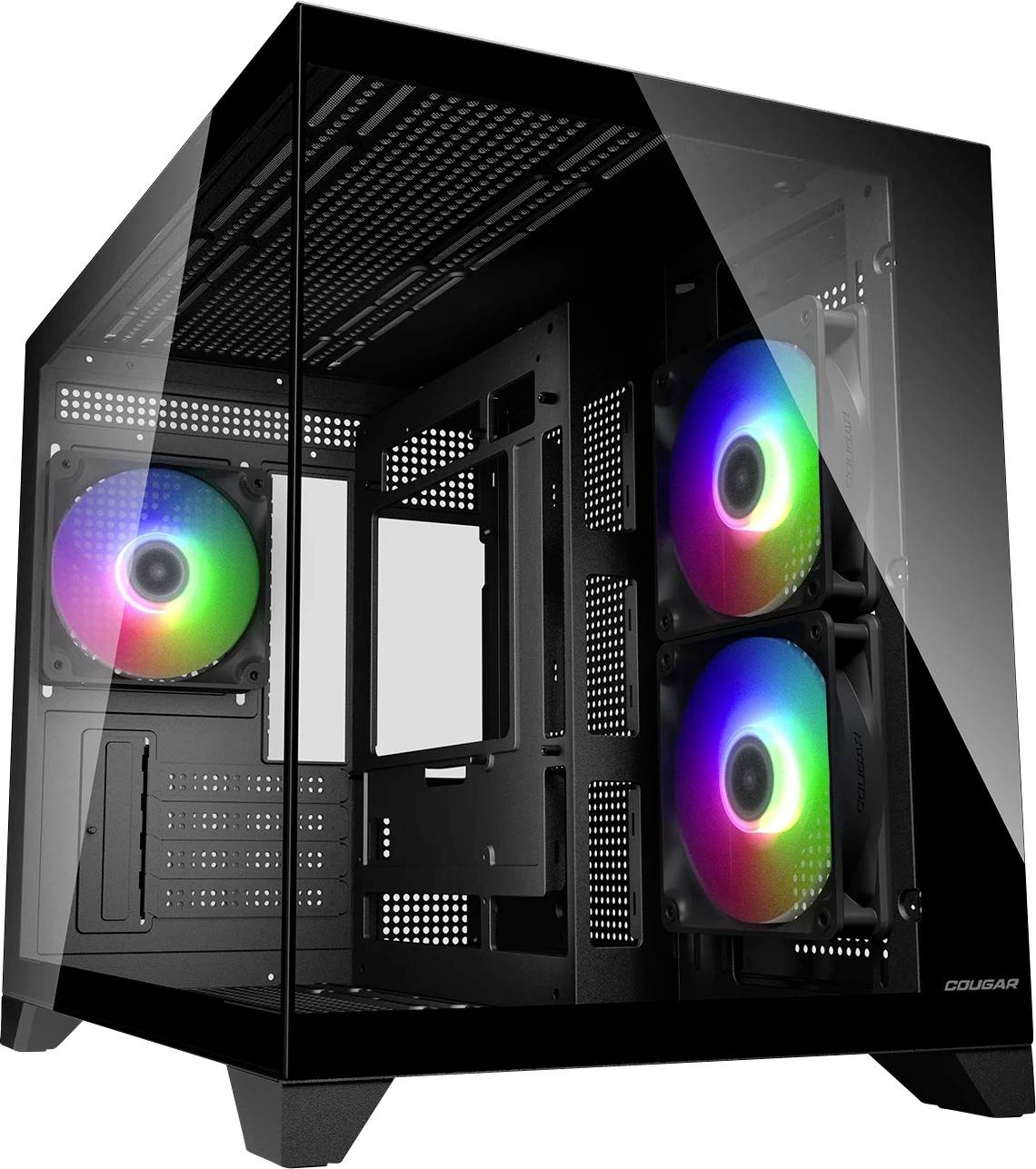 Un boîtier PC gaming noir avec des panneaux transparents qui montrent des ventilateurs de refroidissement RGB internes s'illuminant en couleurs arc-en-ciel.
