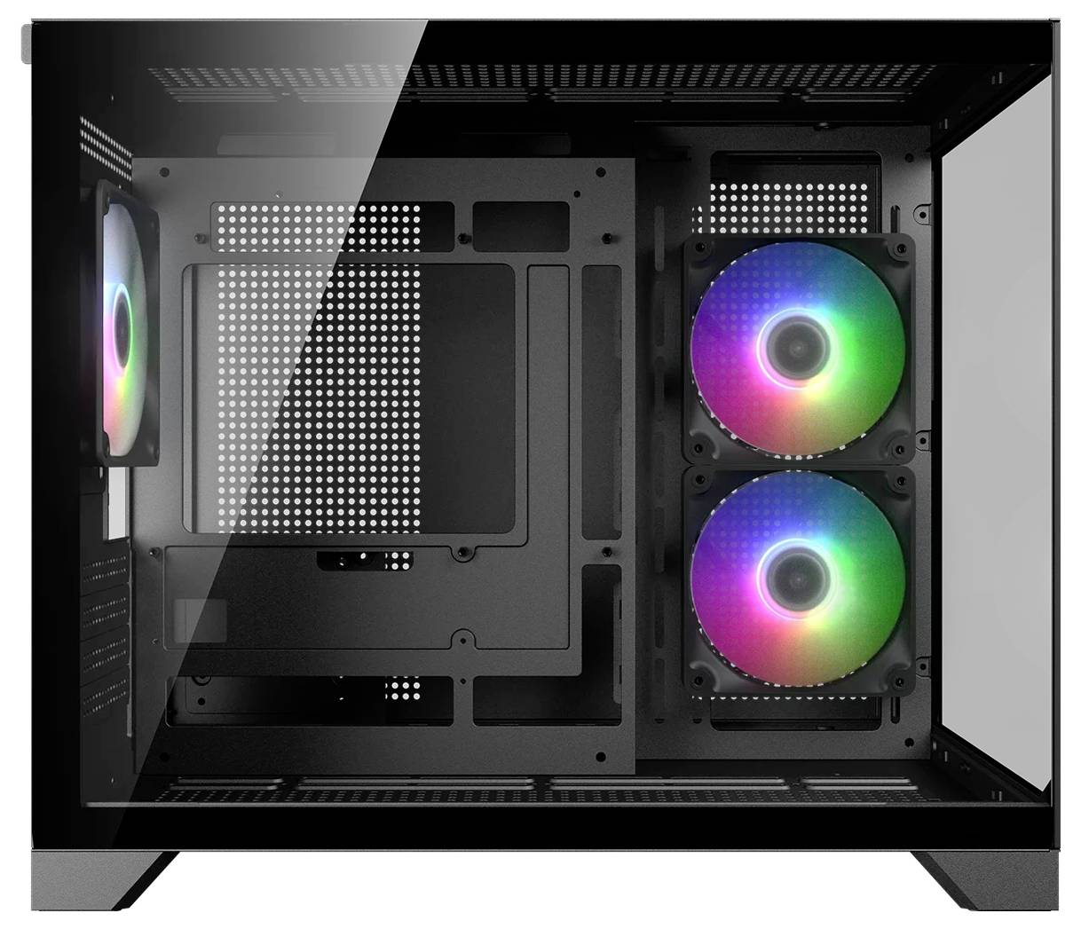 Un boîtier d'ordinateur noir avec un panneau latéral transparent montrant deux ventilateurs RGB et plusieurs emplacements de montage internes pour composants PC.