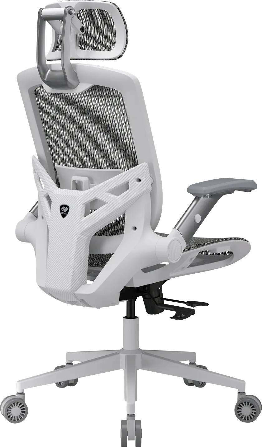 Chaise de bureau ergonomique avec dossier en maille, appui-tête réglable et accoudoirs, vue de dos, présentant un design moderne.