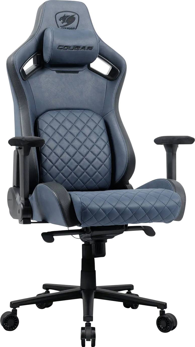 Une chaise de gaming ergonomique bleue avec des accoudoirs réglables, un dossier au motif losangé, et une base à cinq roulettes, conçue pour le confort et le soutien.