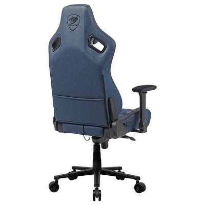 Une chaise de jeu bleue avec des accoudoirs noirs et un design de dossier haut, arborant un logo dans la zone de l'appui-tête, et montée sur une base à roulettes.