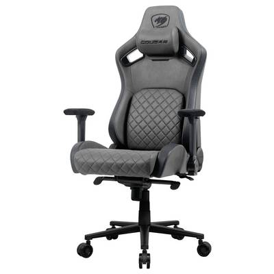 Une chaise de jeu noire avec un dossier haut, un rembourrage à motif losangé, des accoudoirs réglables et un socle à roulettes, conçue pour le confort.