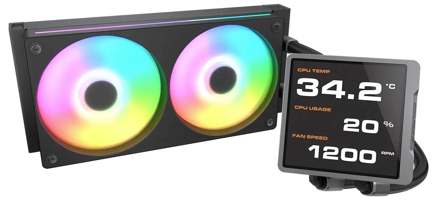 Un refroidisseur liquide pour processeur avec deux ventilateurs RGB et un affichage numérique montrant une température du CPU à 34,2°C, une utilisation à 20 % et une vitesse de ventilateur à 1 200 tr/min.