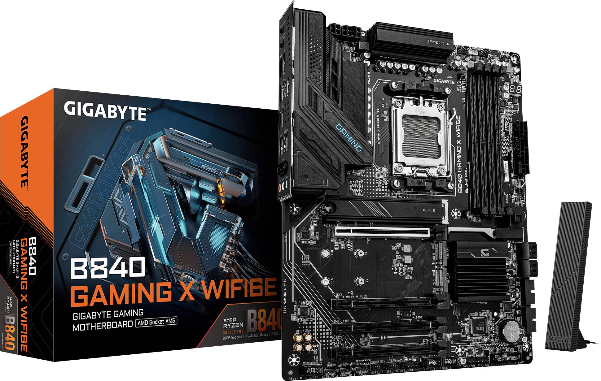 'Carte mère GIGABYTE B840 GAMING X, WiFi 6E, socket AM5, comprenant l'emballage et l'antenne.'