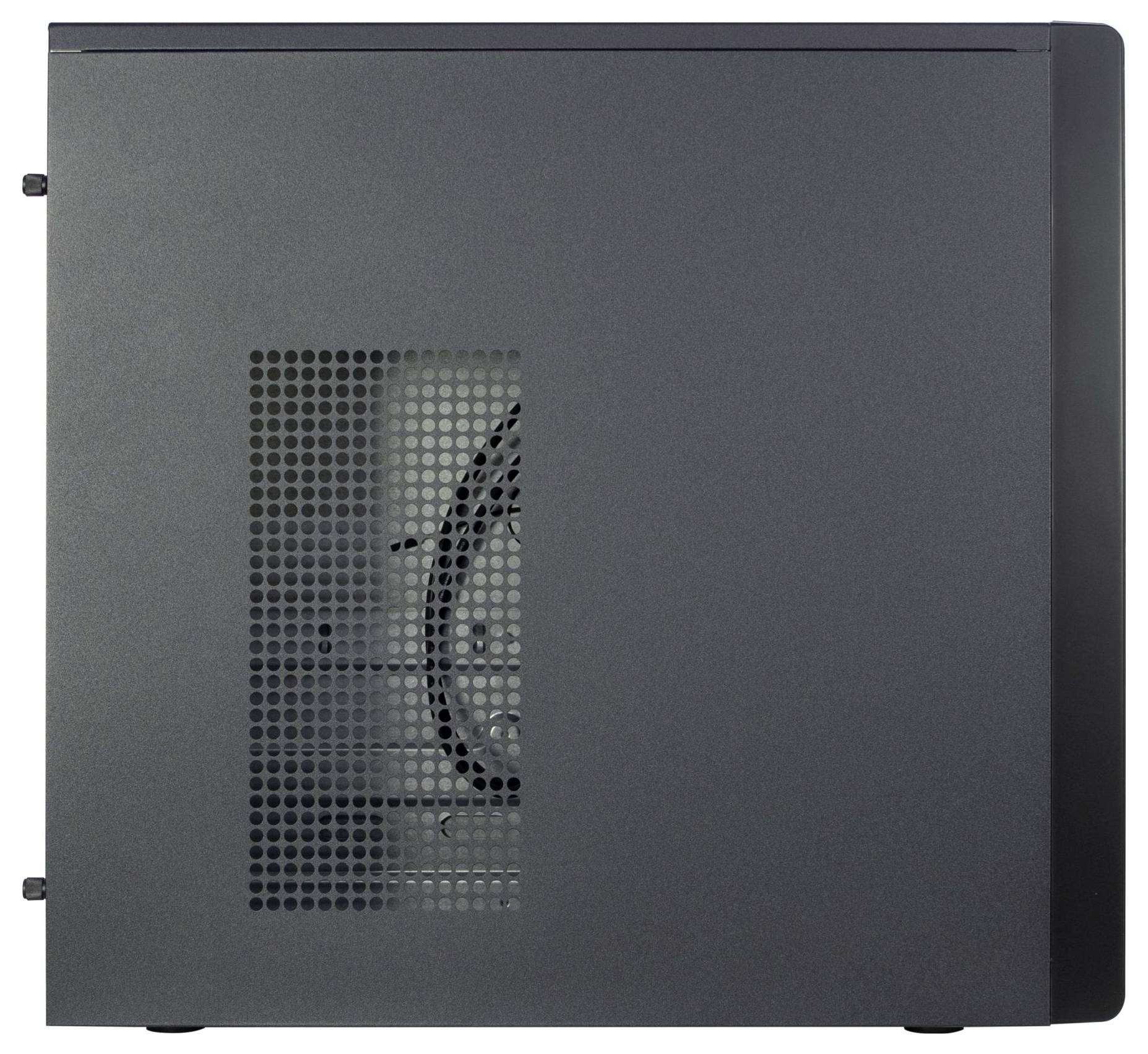 Un boîtier d'ordinateur noir avec un panneau en maille permettant de voir les composants internes, mettant l'accent sur les fonctionnalités de refroidissement et de ventilation.