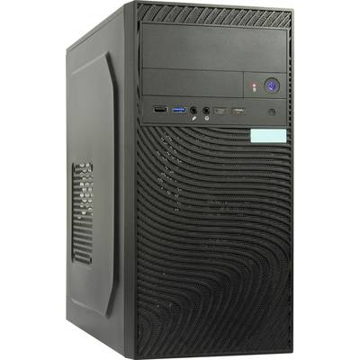 Une tour d'ordinateur noire avec des ports USB, une prise casque et un bouton d'alimentation bien visibles sur le panneau avant.