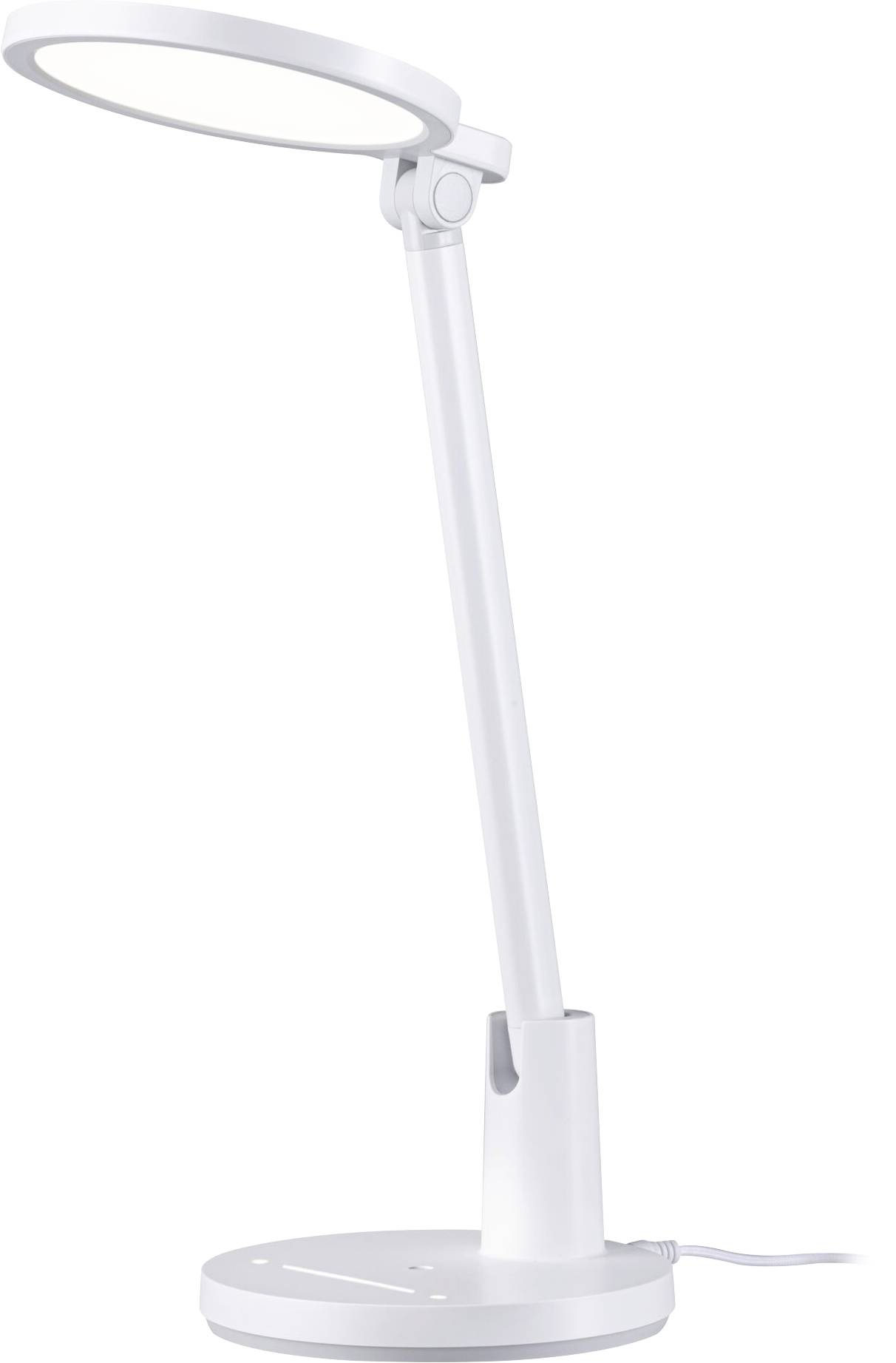 Une lampe de bureau blanche avec un bras articulé et un éclairage LED circulaire, branchée à une source d'alimentation, positionnée sur une surface plane.