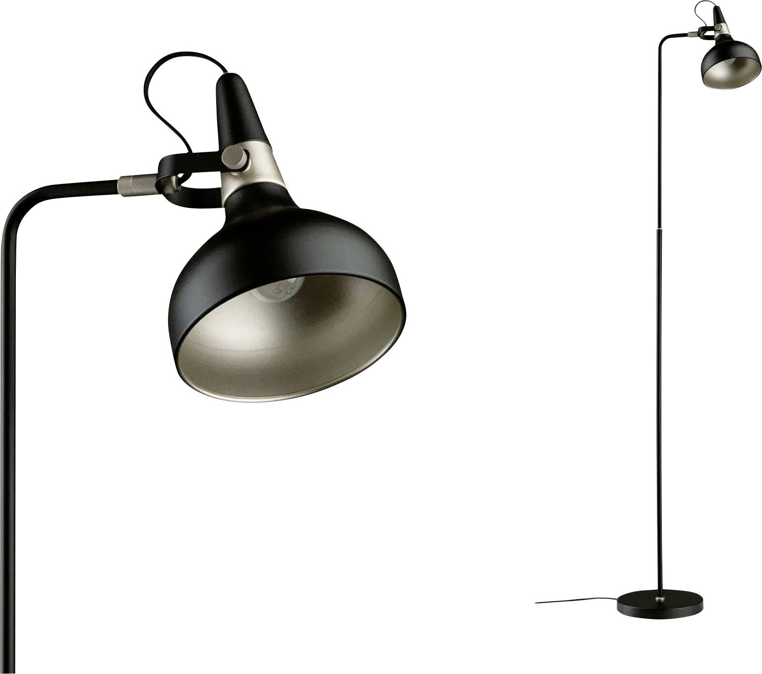 Une lampe sur pied élégante, noire, avec une base ronde et une tête ajustable, conçue pour les intérieurs modernes. Elle présente un style minimaliste.