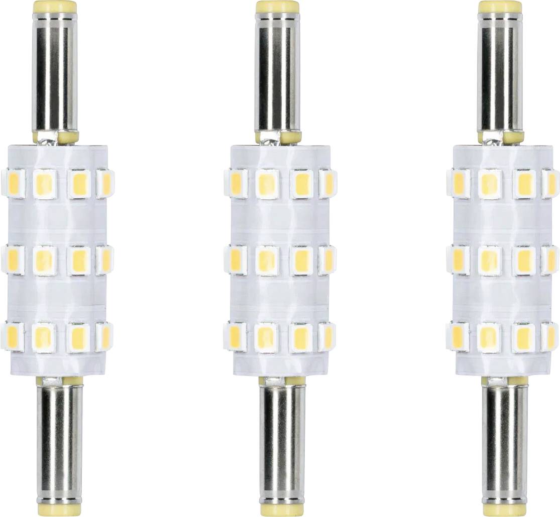 Trois ampoules cylindriques à LED avec des extrémités métalliques sont alignées verticalement sur un fond blanc. Chaque ampoule est composée d'une série de puces LED carrées.