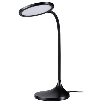 Une lampe de bureau noire avec une tête circulaire à LED et un cou flexible, branchée, posée sur une base arrondie simple.