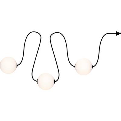 Trois lumières rondes blanches reliées par un cordon noir en motif en zigzag. Le design est moderne et minimaliste, adapté à la décoration.