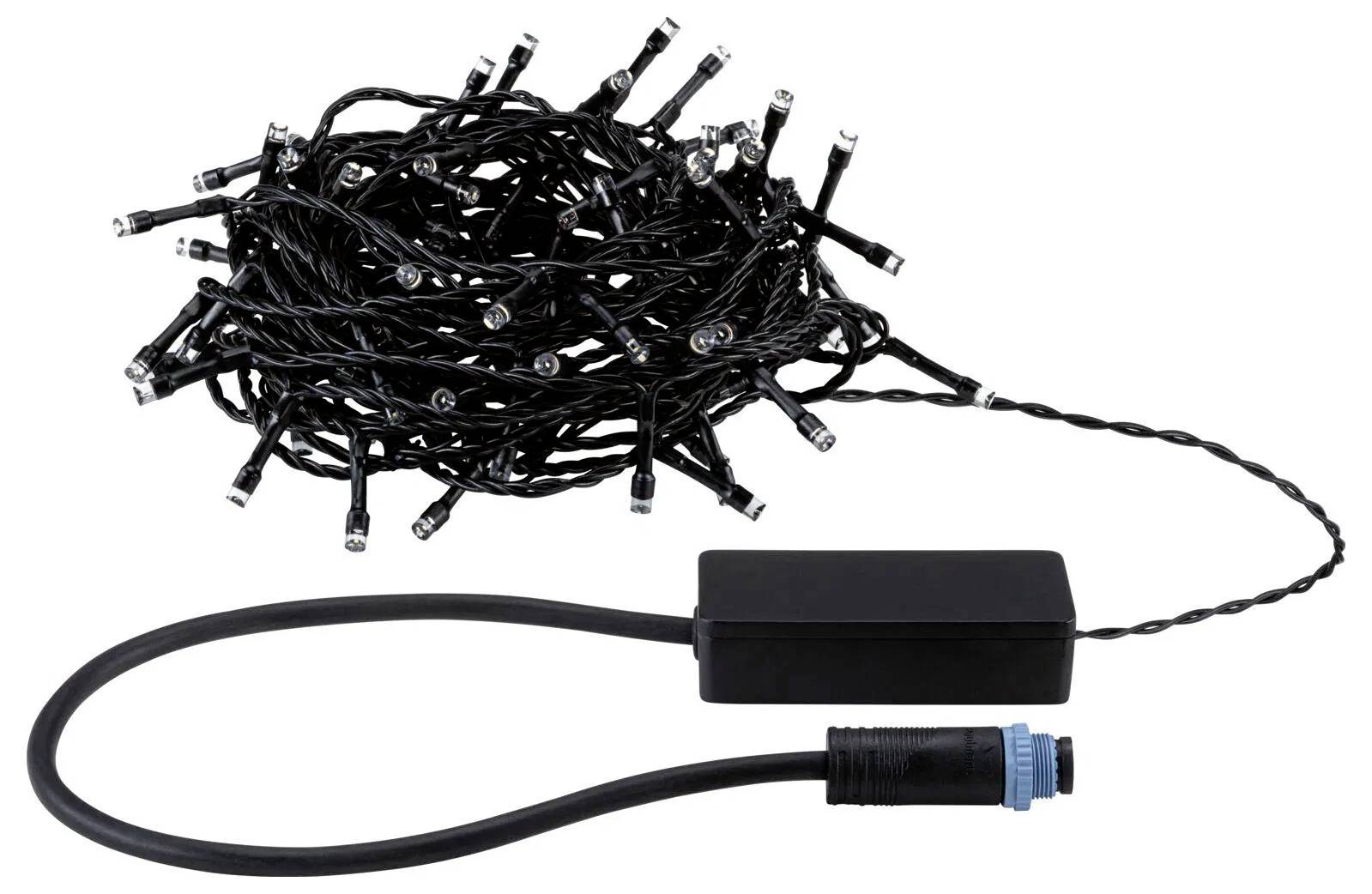 Un ensemble de guirlandes lumineuses à LED noires avec un boîtier de contrôle noir connecté et une prise à capuchon bleu, prêt à être installé.