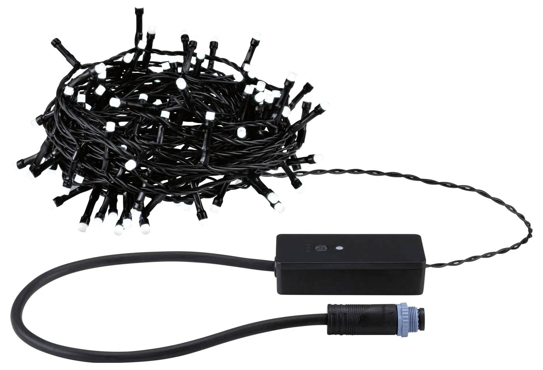 Un cordon de guirlandes lumineuses LED noires enroulé, avec un boîtier de contrôle et un connecteur attaché, utilisé à des fins d'éclairage décoratif.
