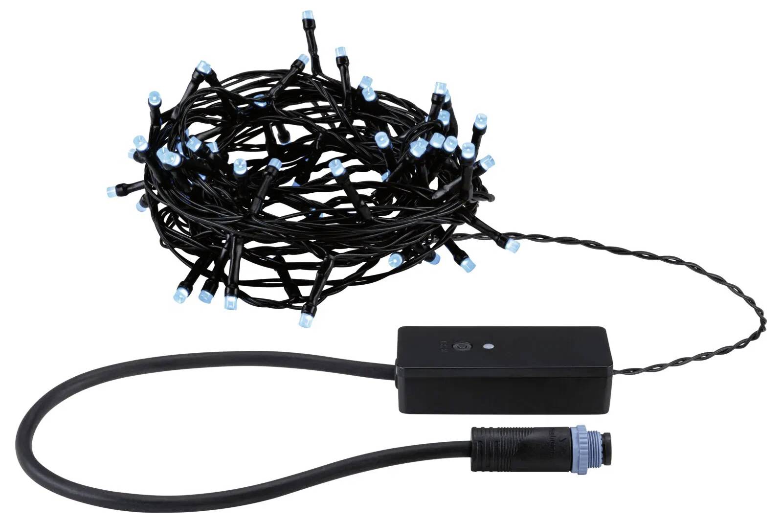 Un cordon de lumières LED noires enroulé, avec des embouts bleus et un boîtier de commande, relié à un long câble noir avec un connecteur bleu.