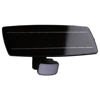 Un panneau solaire noir avec un détecteur de mouvement et un éclairage intégré, utilisé pour l'éclairage extérieur et alimenté par l'énergie solaire.