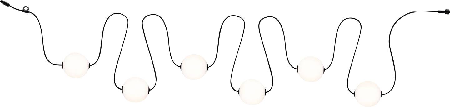 Une guirlande de lumières blanches rondes reliées par un cordon noir, disposées en motif en zigzag.