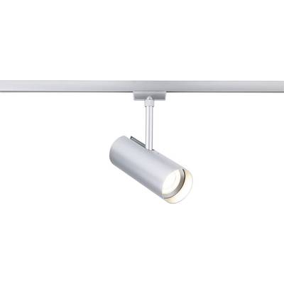 Un luminaire sur rail en argent avec un design cylindrique est monté sur un rail, émettant une lumière vers le bas.