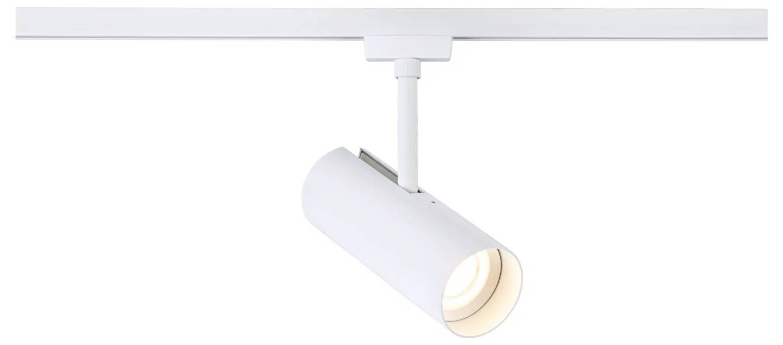 Un projecteur cylindrique blanc avec un luminaire ajustable, monté sur une rail métallique linéaire, émet un faisceau lumineux concentré.