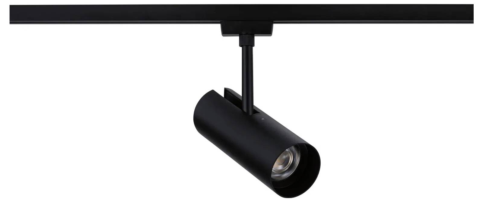 Un luminaire sur rail noir monté au plafond avec un projecteur cylindrique dirigé vers le bas.