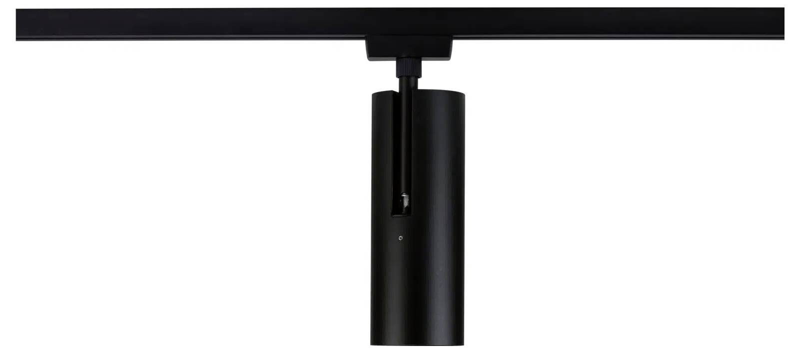Luminaire cylindrique noir de plafond fixé sur une poutre horizontale, orienté vers le bas.