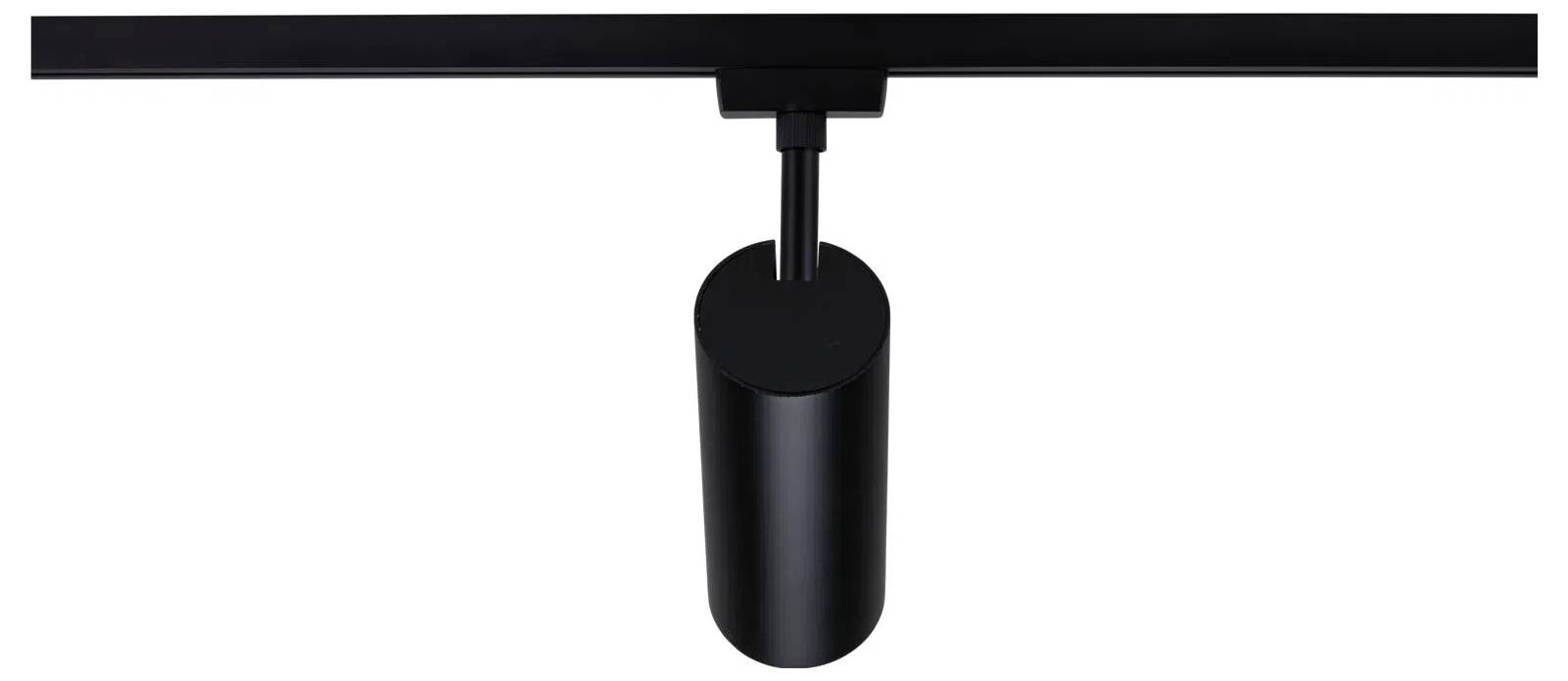 Un luminaire élégant en forme de cylindre noir, monté sur un rail horizontal, adapté à l'éclairage intérieur contemporain.