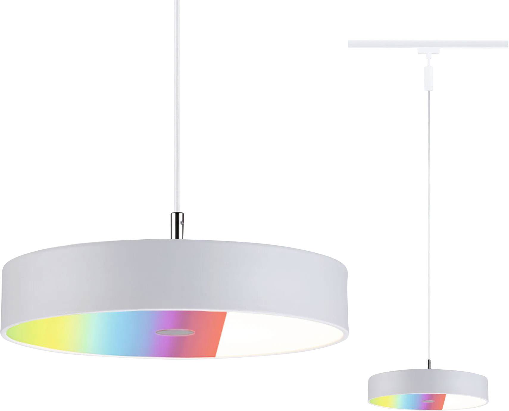 Une lampe suspendue moderne avec un abat-jour blanc, présentant une section intérieure lumineuse aux couleurs arc-en-ciel, sur un fond blanc.