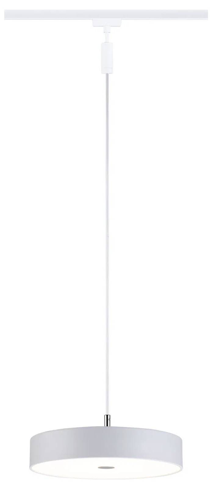 Un luminaire suspendu moderne blanc avec un abat-jour circulaire et un câble de suspension vertical fin, conçu pour une utilisation intérieure.