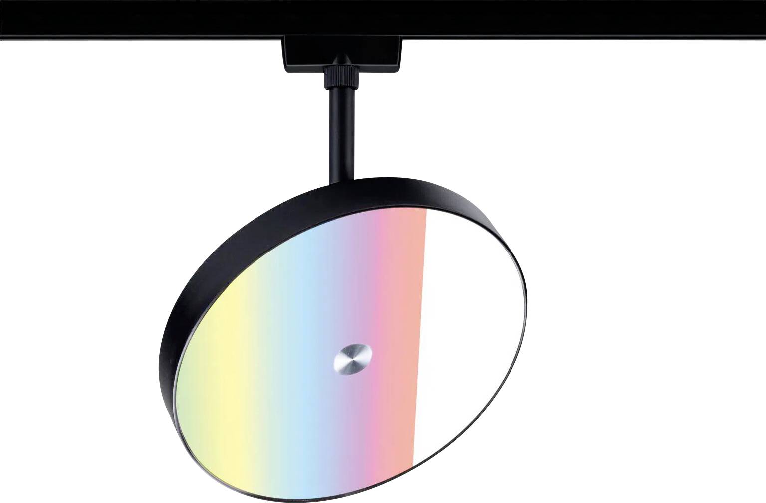 Un luminaire de plafond circulaire avec un cadre noir affiche un dégradé arc-en-ciel vibrant sur sa surface, fixé à un système de rails noir.