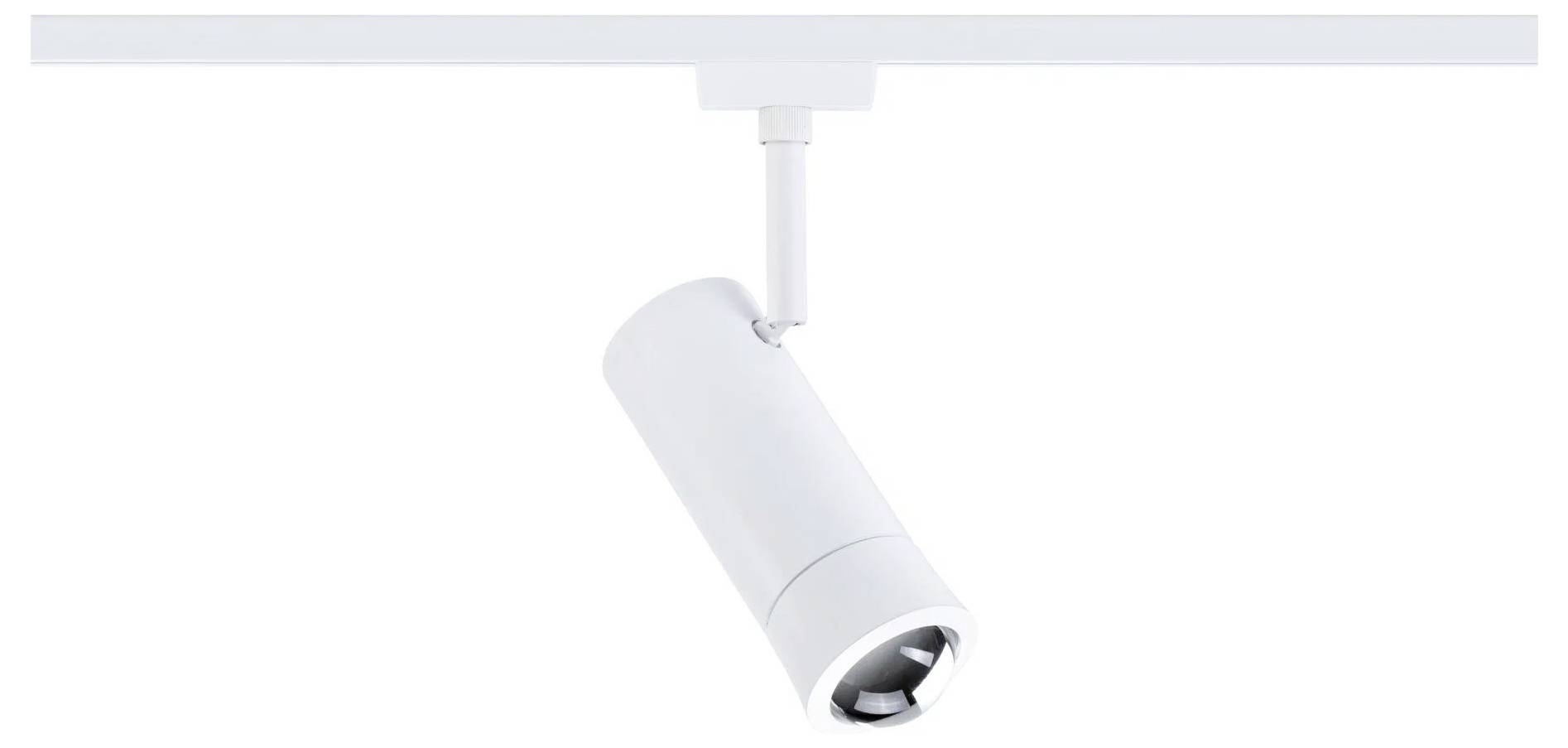 Un luminaire sur rail blanc de forme cylindrique, monté sur une barre de rail de plafond, incliné vers le bas pour un éclairage directionnel.