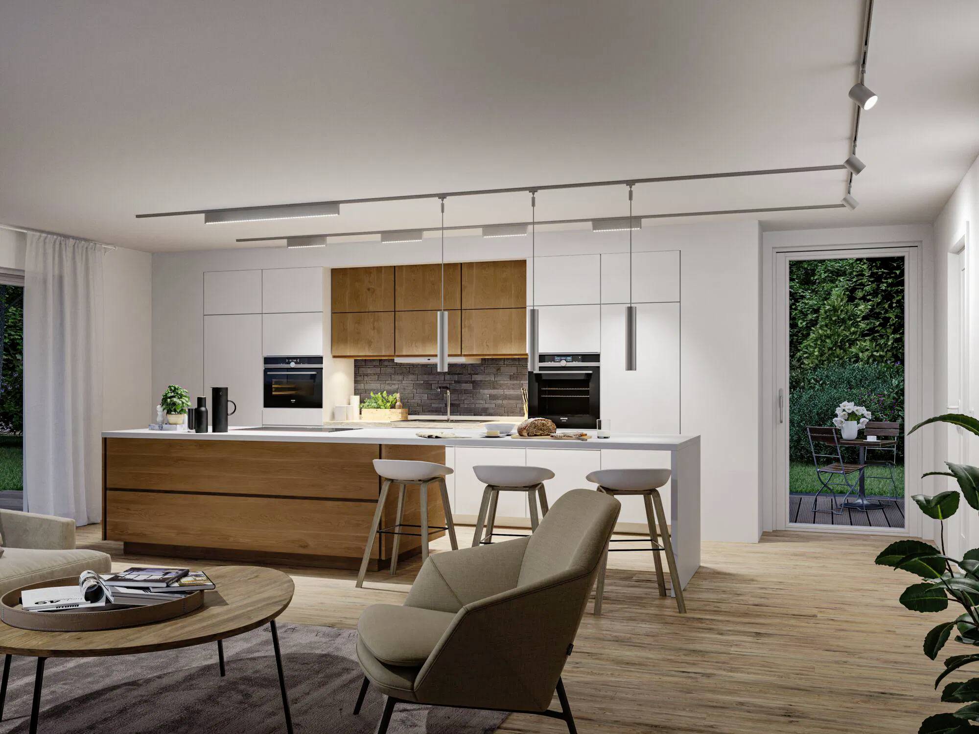 Une cuisine moderne avec des touches de bois comprend un îlot et des tabourets de bar. Un espace de vie avec des chaises et une table ronde se trouve au premier plan.