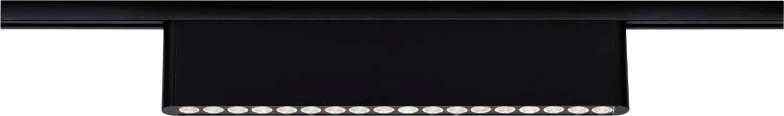 Un luminaire de type rail à LED rectangulaire noir avec plusieurs petites lumières circulaires disposées en rangée, conçu pour un éclairage intérieur moderne.