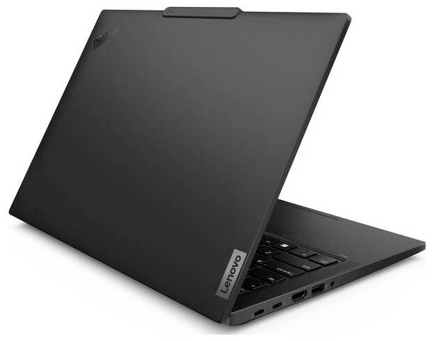 Un ordinateur portable Lenovo noir à moitié ouvert, vu de dos et de droite. Le logo Lenovo est visible à l'arrière.