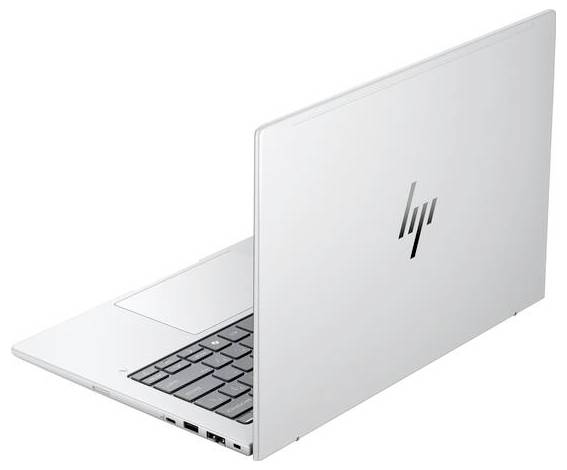 Un ordinateur portable argenté sur un fond blanc. L'ordinateur portable est ouvert et montre l'arrière avec un logo 'HP'.