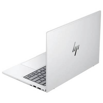 Un ordinateur portable argenté sur un fond blanc. L'ordinateur portable est ouvert et montre l'arrière avec un logo 'HP'.