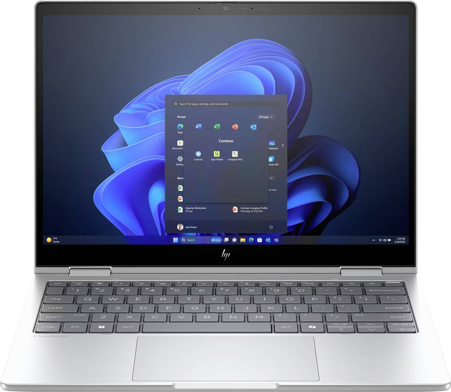 Un ordinateur portable avec la page d'accueil de Windows 11 ouverte à l'écran, affichant le menu classique avec des icônes pour les applications et les fonctionnalités.